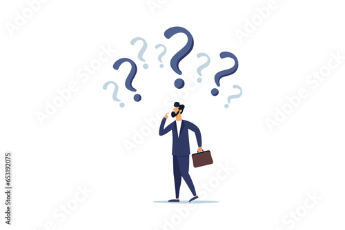 Question answer or solution, uncertainty, problem solving, businessman thinking and decision making with many question marks.