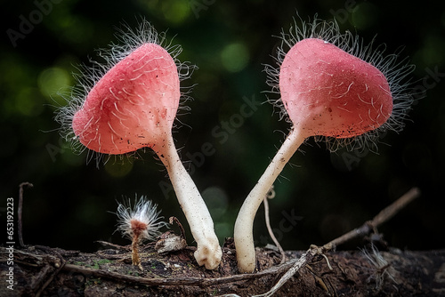 Red Hairy Cup Fungus. Microstoma Floccosum Fungus on Wood. photo