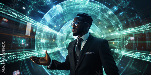 Businessman in a futuristic environment with a holographic interface, using augmented reality glasses. Generative AI