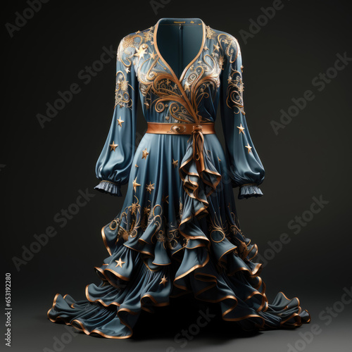 Studio shot of dark blue dress of elegant luxurious woman