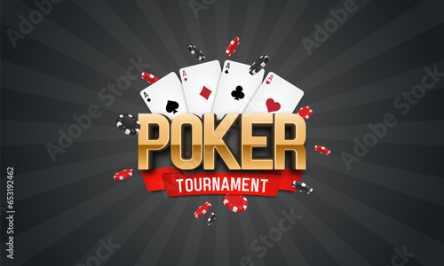Poker tournament banner. Casino logo with playing cards and chips. Vector illustration.