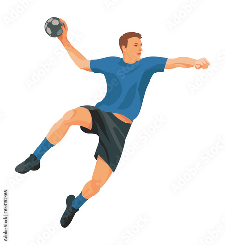 Handball player in a blue sports uniform jumped high to throw the ball © ivnas