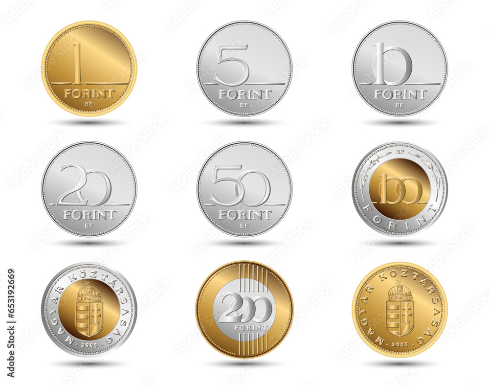 Set of Hungary coin, isolated in white background. Vector illustration.