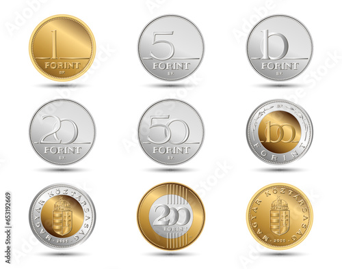Set of Hungary coin, isolated in white background. Vector illustration.