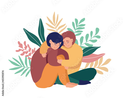 Hand painted calm young women sitting peacefully and hugging. Concept of mental health, support and mindfulness. Colored flat vector illustration isolated on simple background.