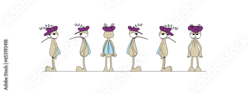 Cute sleepy mosquito character standing and wearing beret in different positions. Colorful cartoon style vector illustration isolated on white background.