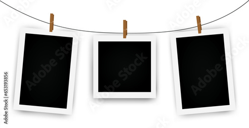Set of instant photo frame mockups with shadows. Photo album template. Empty image for memory. Blank realistic postcard. Isolated. Vector illustration, flat style.