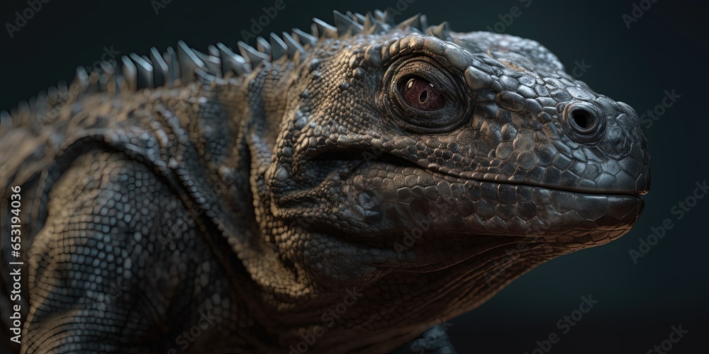 Fototapeta premium close up Komodo dragon is on the ground. Interesting perspective.