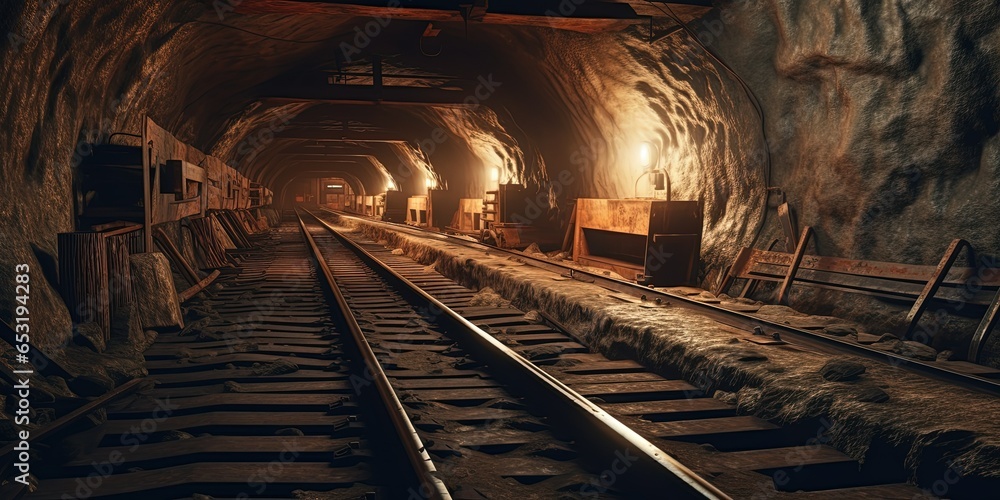 Obraz premium Underground mining tunnel with rails
