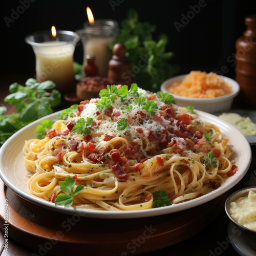 Italian spaghetti pasta with cheese  parmesan and basil on white plate on dark restaurant background