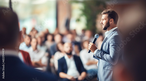 A motivational speaker inspiring the audience with a powerful message, Business conference, blurred background, with copy space