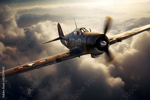 Jagdflugzeug in bewölktem Himmel auf dem Weg zum Einsatz, erstellt mit generativer KI photo