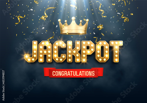 Shining sign Jackpot with golden crown and falling confetti. Vector illustration.
