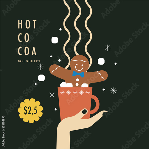Cocoa with marshmallow in cup. Winter market. Hot chocolate in Christmas mug. Warm sweet Xmas cacao with yummy candies, gingerbread man and steam. Flat vector illustration, isolated elements.