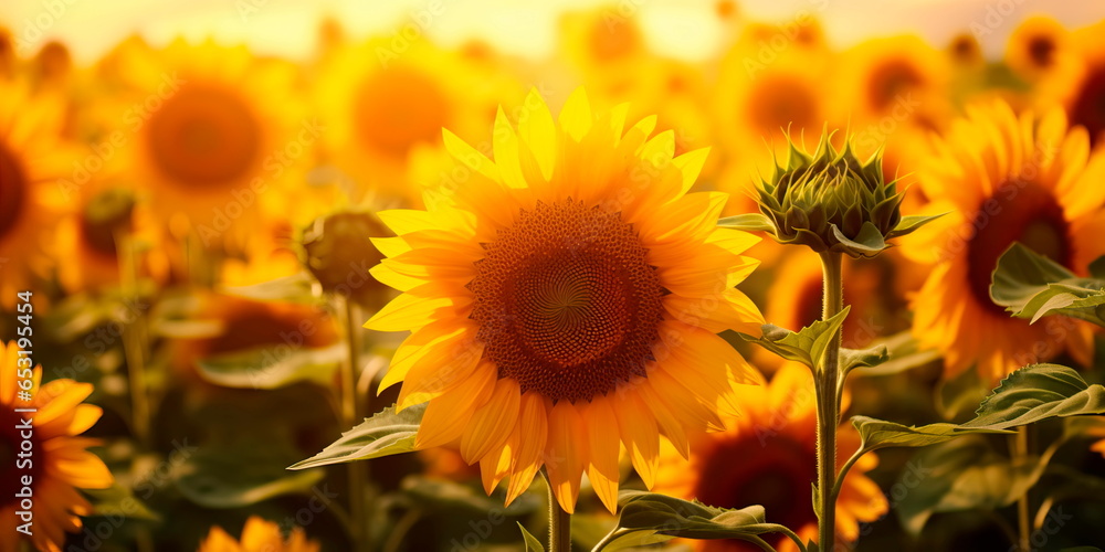 Obraz premium sunflower field where farmers harvest sunflower heads full of seeds. Generative AI