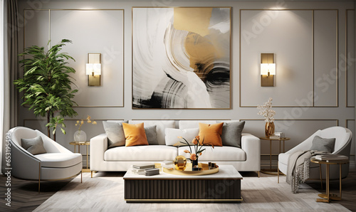 Living room featuring modern Transitional interior design with relaxing sofa, wall, table, and home decor