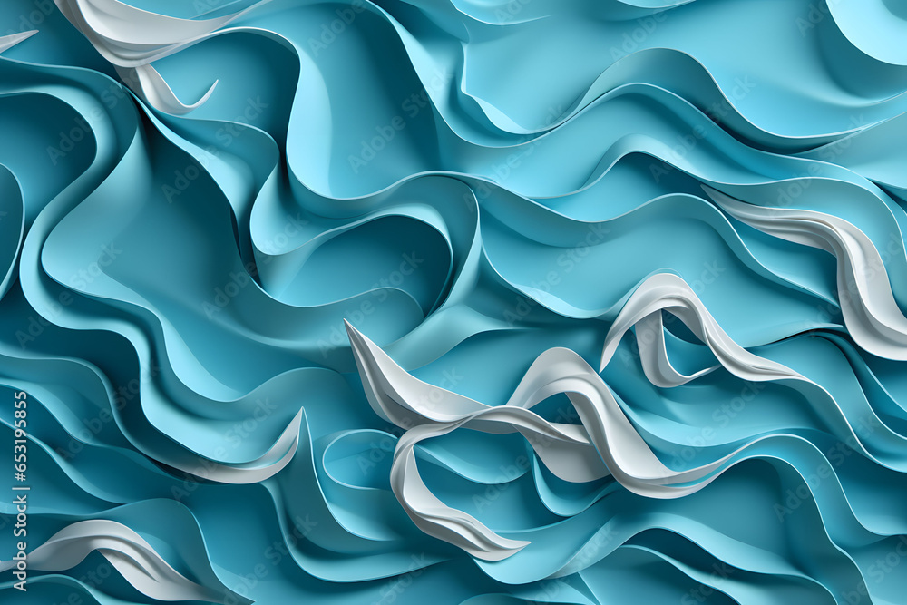 Paper sea waves on blue background, Summer vacation concept.