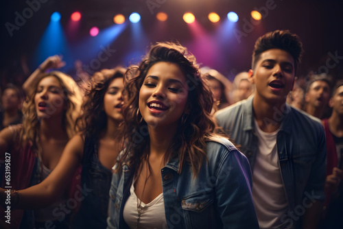 Vibrant American Friends Grooving and Singing in Concert Joy in a nightclub
