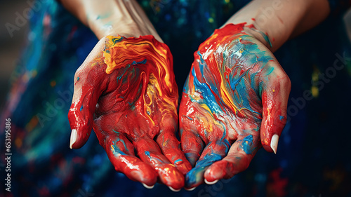 Close up of woman hands dirty with acrylic paint.