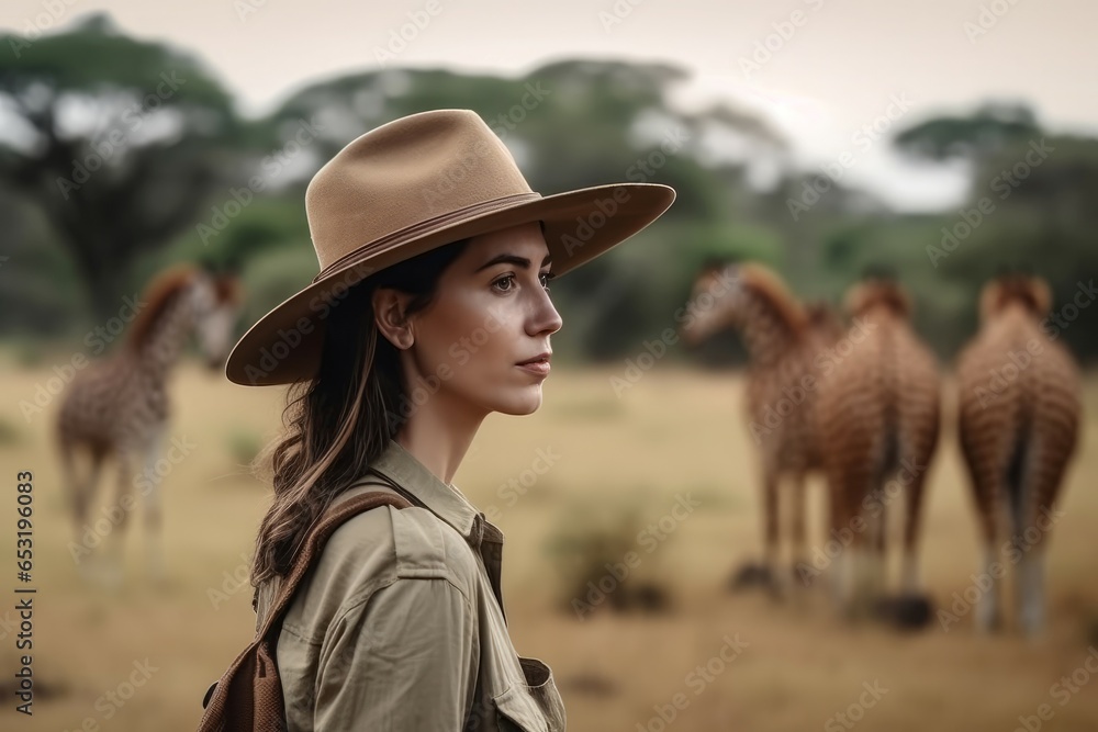 Woman african safari photo shot. National reserve. Generate Ai - obrazy, fototapety, plakaty 