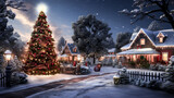 Winter landscape featuring a cozy, snow-covered home and a grand Christmas tree.