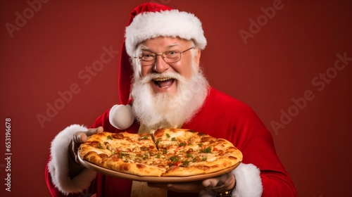 Happy smilling Santa Claus with pizza in the hand at the red background,copy space photo