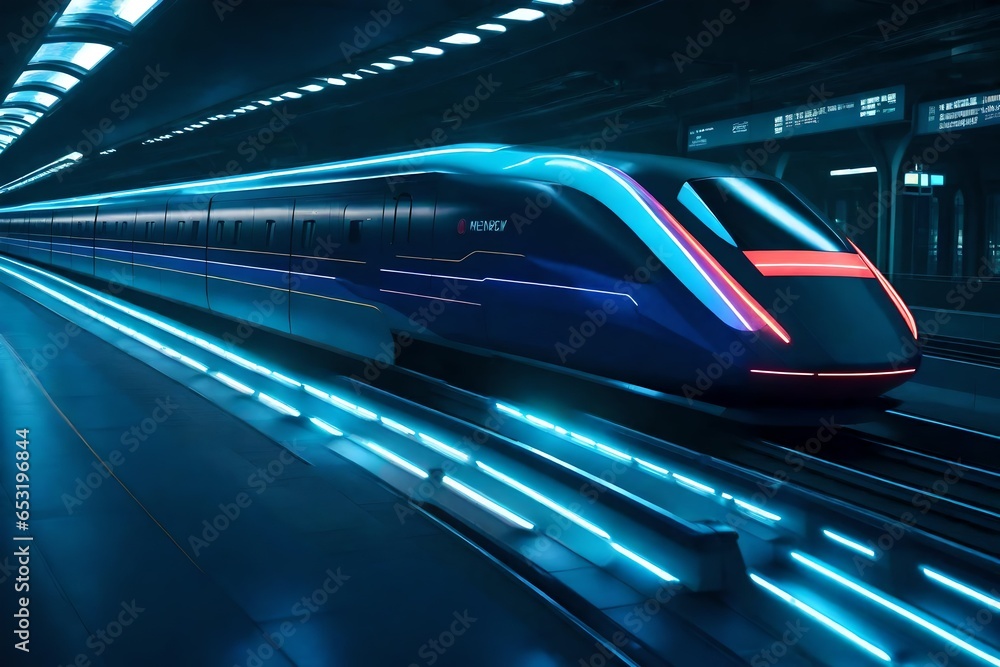 A high-speed maglev train racing along a futuristic railway system. A high-speed maglev train racing along a futuristic railway system.