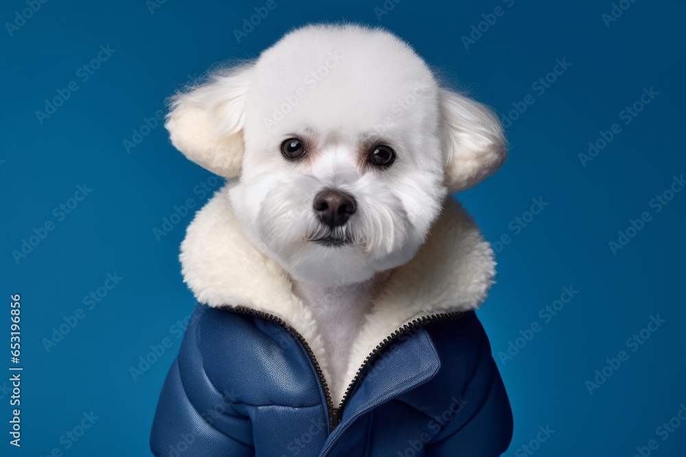Obraz premium Environmental portrait photography of a cute bichon frise wearing a sherpa coat against a navy blue background. With generative AI technology