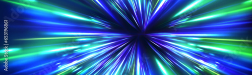 Abstract technology futuristic neon circle glowing blue and white light lines with speed motion blur effect on dark blue background. Light line moving with speed.	