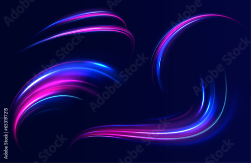 Expressway, the effect of car headlights. Low-poly construction of fine lines. Blue background. Elegant bright neon linear wave. 