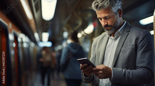 Businessman using smartphone in Subway. Generative AI