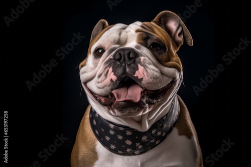 Headshot portrait photography of a happy bulldog wearing an anxiety wrap against a matte black background. With generative AI technology