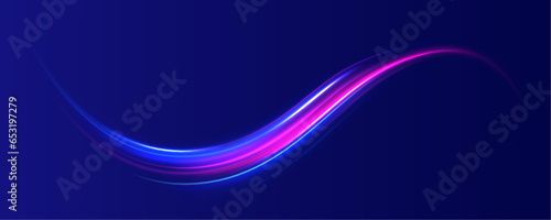 Expressway, the effect of car headlights. Low-poly construction of fine lines. Blue background. Elegant bright neon linear wave. 