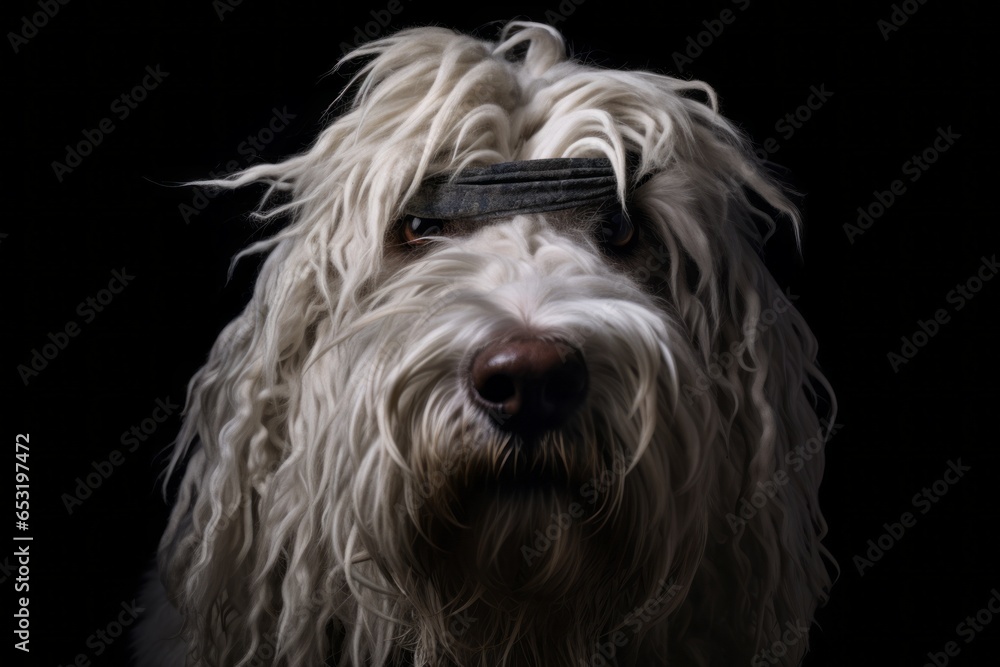 Close-up portrait photography of a funny komondor dog wearing a paw protector against a matte black background. With generative AI technology