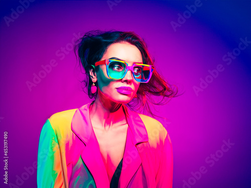 A woman with colorful colors and glasses