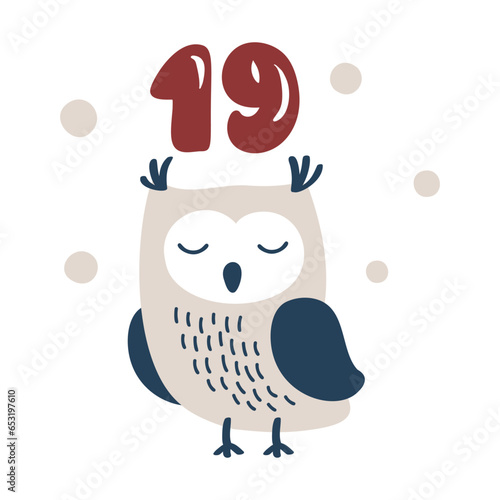 Christmas advent calendar with hand drawn owl. Day nineteen 19. Scandinavian style poster. Cute winter illustration for card, poster, kid room decor, nursery art