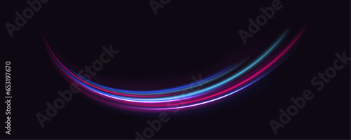 Neon line as speed or arc, turn, twist, bend in light effect. Light arc in neon colors, in the form of a turn and a zigzag. Abstract background in blue, yellow and orange neon colors.	