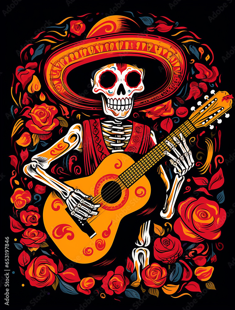 Dia de Muertos Day of dead ornamental skeleton in sombrero, Mexican Halloween poster Dia de Muertos Day of dead ornamental skeleton in sombrero, Mexican Halloween poster