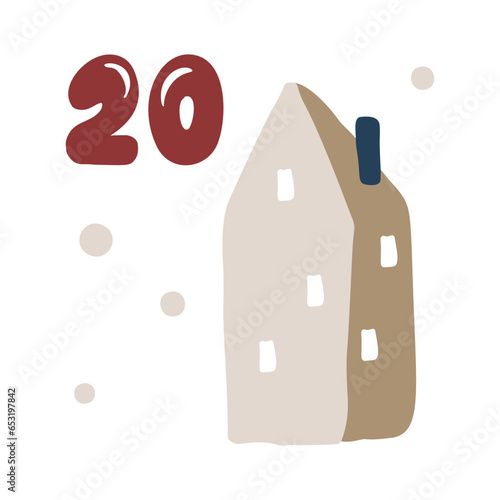 Christmas advent calendar with hand drawn house. Day twenty 20. Scandinavian style poster. Cute winter illustration for card, poster, kid room decor, nursery art