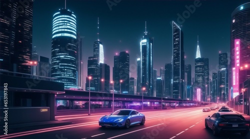 traffic at night - hyper modern city  with futuristic buildings and cars at night - a cute wallpaper  