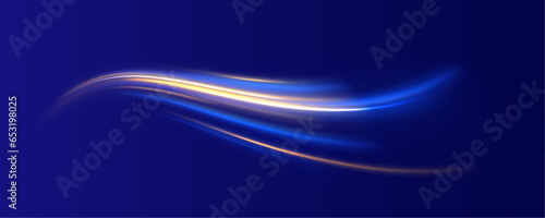 Car motion trails. Horizontal night road in the form of a panorama with neon lights. Modern abstract high-speed light motion effect on black background. 