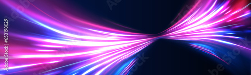 Shining lights in motion with small particles. Ring of fire, Plasma ring on a dark background. eon stripes in the form of drill, turns and swirl.