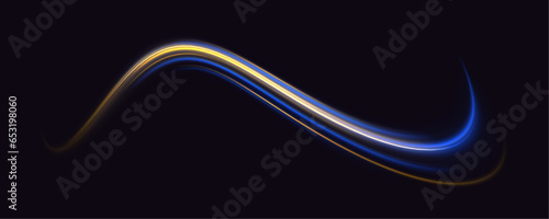 Speed effect motion 3d neon light trails made with ultra violet and blue laser light. Semicircular wave, light trail curve swirl, incandescent optical fiber png vector.	