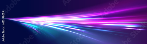 Panoramic horizontal high speed highway concept  light abstract background. Technology flow design illustration. Rotating dynamic neon circle. 