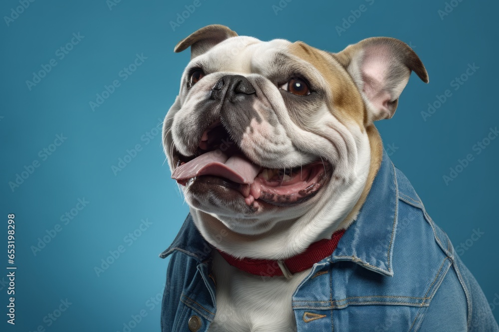 Lifestyle portrait photography of a smiling bulldog wearing a denim vest against a teal blue background. With generative AI technology