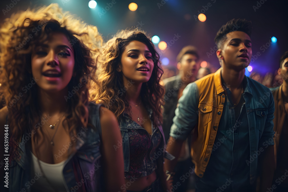 Dynamic Trio of Fashionable Friends Dancing and Singing at Music Festival