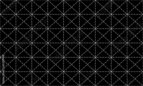 fence background, white dot line abstract geometric seamless pattern in oriental style. minimal on black background. Simple graphic ornament. texture with diamonds, mesh, grid, lattice, net. Repeat 