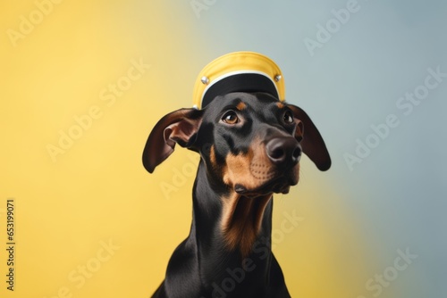 Photography in the style of pensive portraiture of a happy doberman pinscher wearing a sailor suit against a pastel yellow background. With generative AI technology