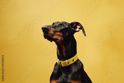 Photography in the style of pensive portraiture of a happy doberman pinscher wearing a sailor suit against a pastel yellow background. With generative AI technology