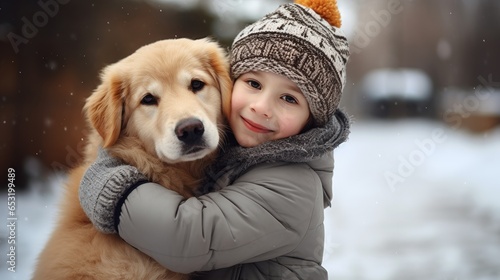 A cozy shot of a small child hugging his pet golden retriever in a snowy weather © ME_Photography